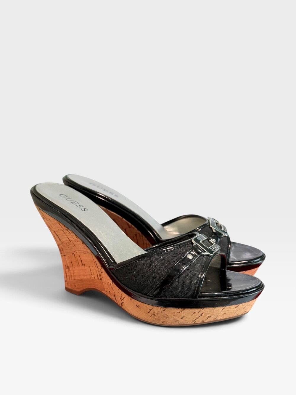 GUESS Women’s Black Logo Cork Wedge Sandals Heels Size 7.5M With Box